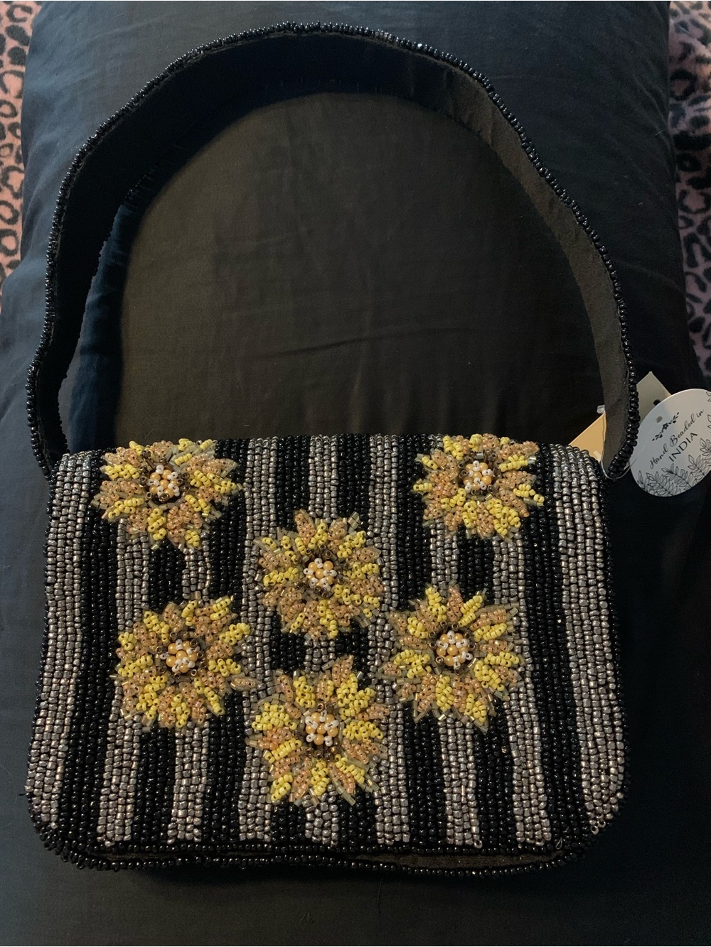 Beaded Floral Handbag in Black and Yellow - Women Bags